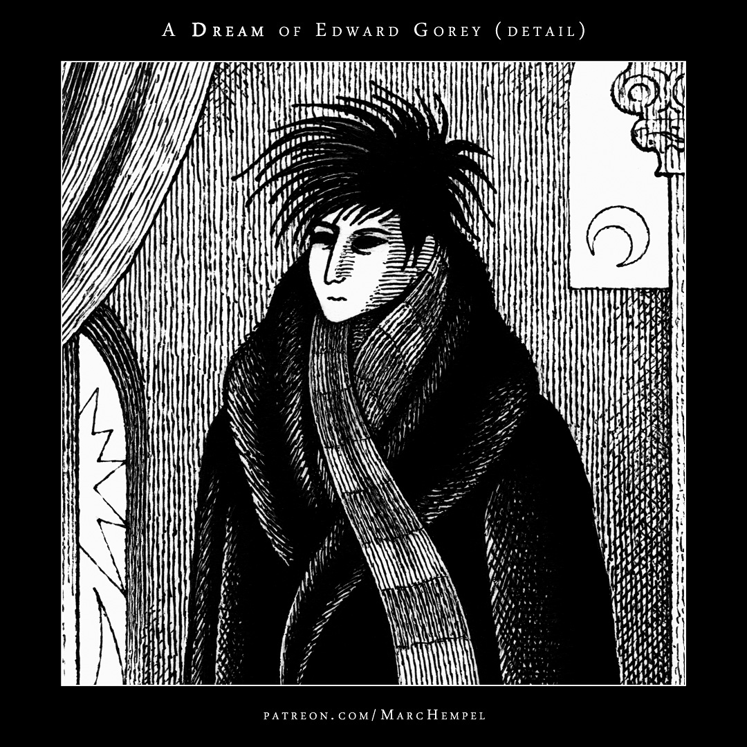 MarcHempel's tweet photo. More Morpheus mash-up madness! My 3rd and final Gaiman à la Gorey drawing, the original art of which is headed to eBay. This is, alas, a mere detail; the entire piece – including its two guest stars – is viewable here ... https://t.co/RAiQwJ0H4k @neilhimself #EdwardGorey #Sandman https://t.co/H3qxZL3WDa