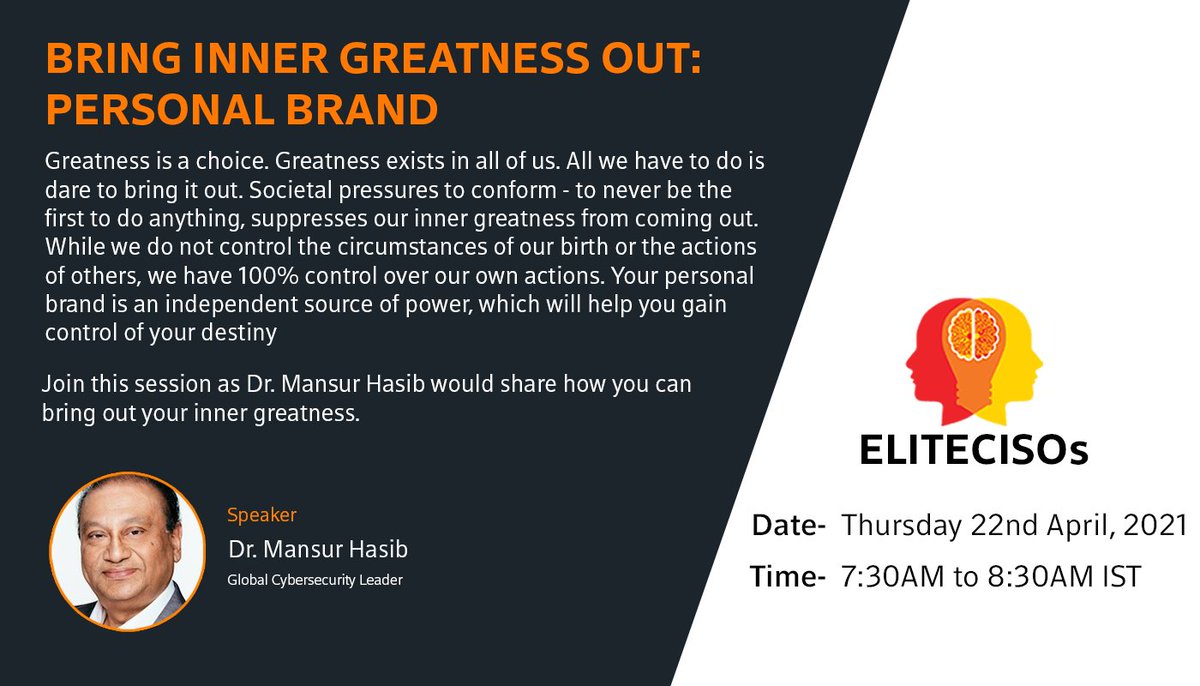 Your #Personal #Brand speaks of who you are; its far more important for cyber security professional as they think it is. Join Dr. Hasib <a href="/mhasib/">Dr. Mansur Hasib 🦄</a> as he talk about how you can #bring #inner #greatness #out 
register here : lnkd.in/e6kBfP8

Thursday 22nd - 7:30AM IST/10PM EST