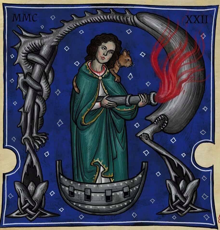 This is FAKE history.
This is not a genuine medieval illumination.

Yes, sometimes fake history is awesome.
I'll never get tired of my childhood hero warrant officer Ellen Louise Ripley being combined with my passion for medieval history.

Whoever made it, I love you.
