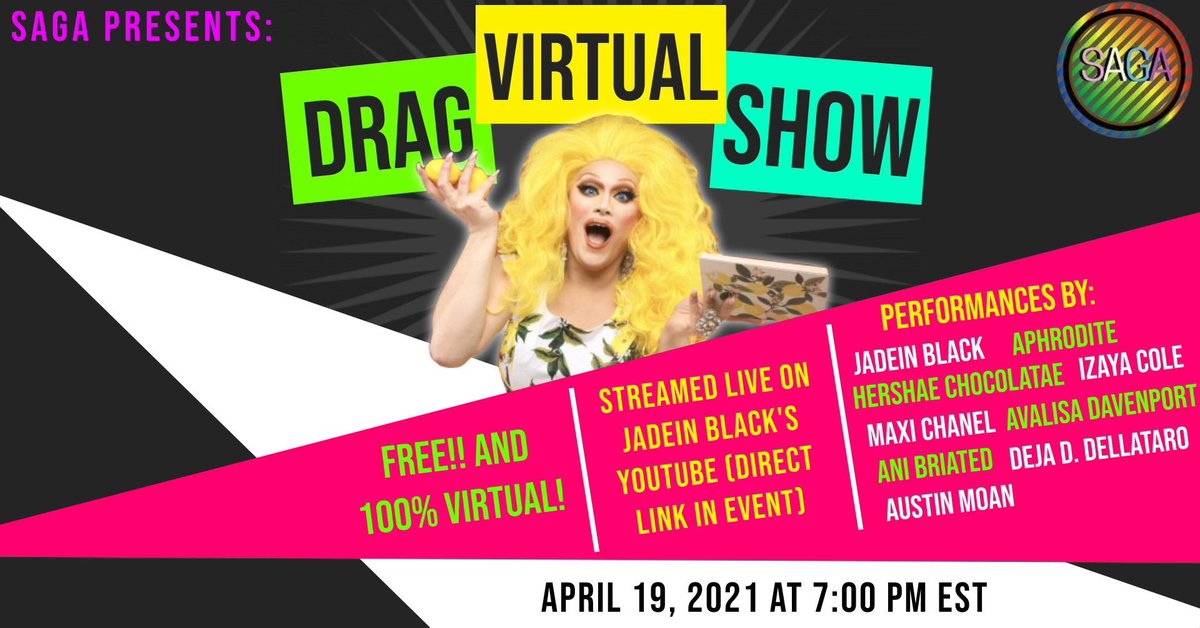 Hey everyone!! This monday will be our final meeting! Join us for a virtual drag show hosted by saga filled with many talented queens at 7:00pm.

Please fill out the form to reserve a spot: 
l.facebook.com/l.php?u=https%…

The event link will be sent by email at 6:30pm, see you there!!