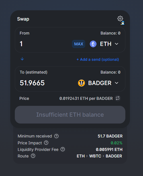 15/ If a pair between two assets doesn't exist, Uniswap will try and "route" the transaction through other pairs.Here's an example: BADGER doesn't trade against ETH due to WBTC-BADGER liquidity incentives.If someone has ETH and wants BADGER, Uniswap routes it through WBTC.