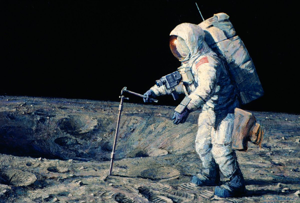 marsrader's tweet image. Alan Bean of Apollo 12 painted this impression of Apollo 11 in 1988.