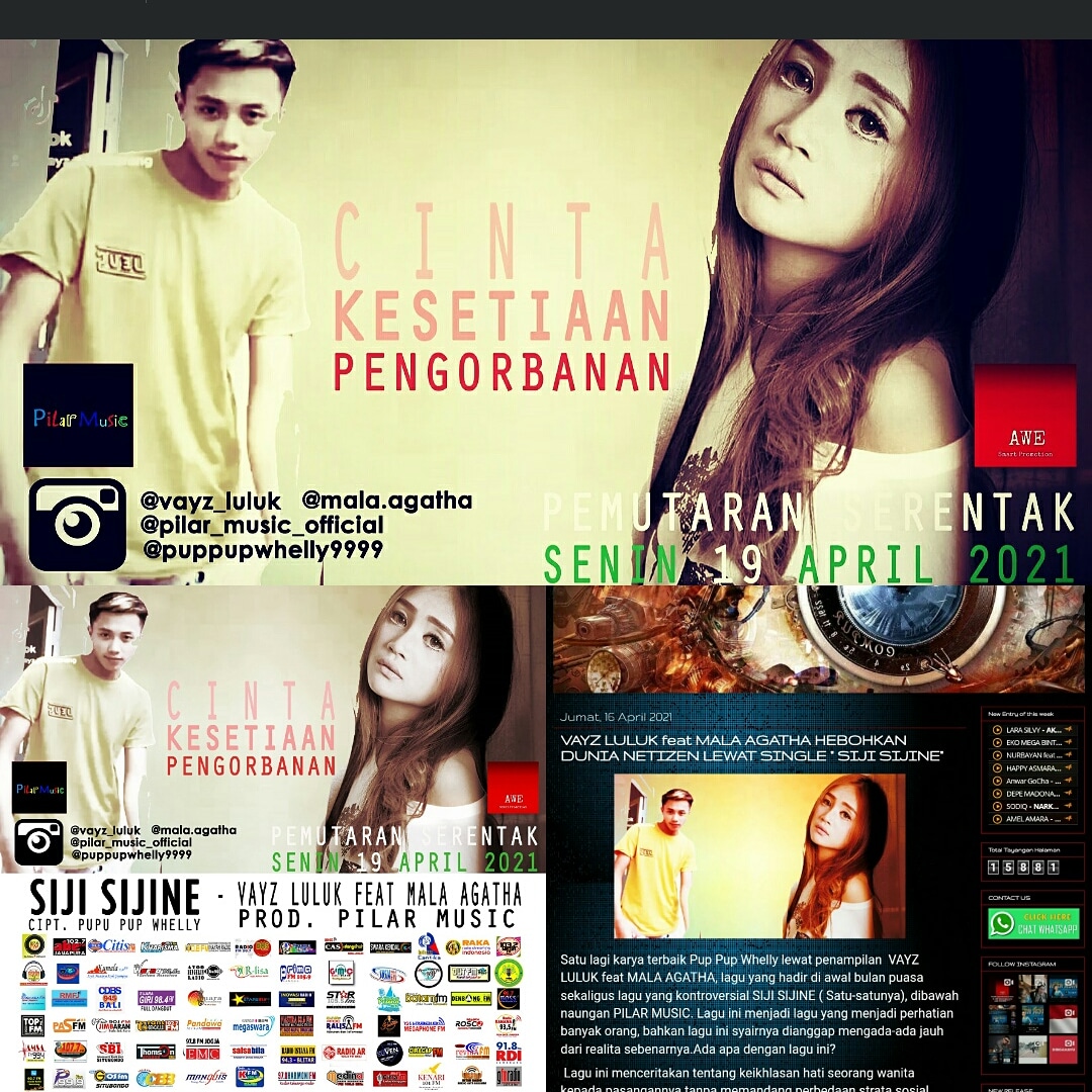 Nantikan besok Senin 19 April 2021. pemutaran perdana SIJI SIJINE - VAYZ LULUK feat MALA AGATHA ciptaan Pup Pup Whelly produksi Pilar Music di <a href="/aweradiomusic/">AWE Radio Streaming</a> <a href="/aWe_Radiopromo/">AWe Smart Promotion</a>