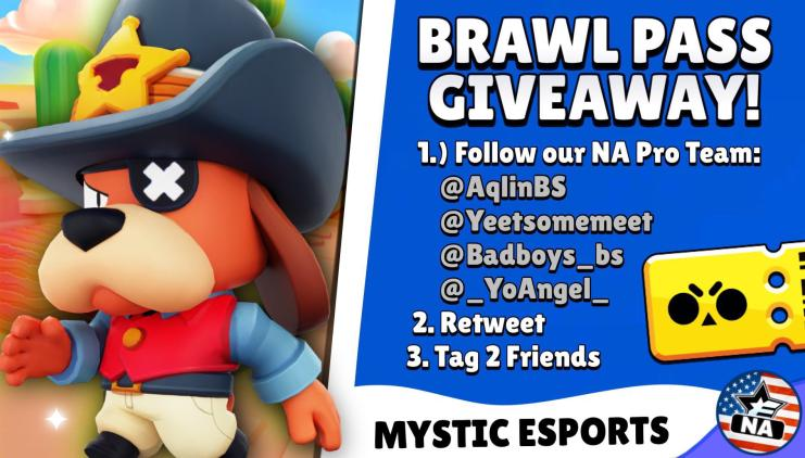 How to Enter:
- Follow <a href="/MysticEsportsOP/">Mystic Esports</a>, <a href="/AqlinBS/">Aqlin</a>, @Yeetsomemeet, @BadBoys_bs &amp; <a href="/_YoAngel__/">Angel</a> 
- Retweet
- Tag 2 Friends

 Winner announced in 3 days 
 
Good luck! 
#StayMystic #BrawlStars #BrawlPass