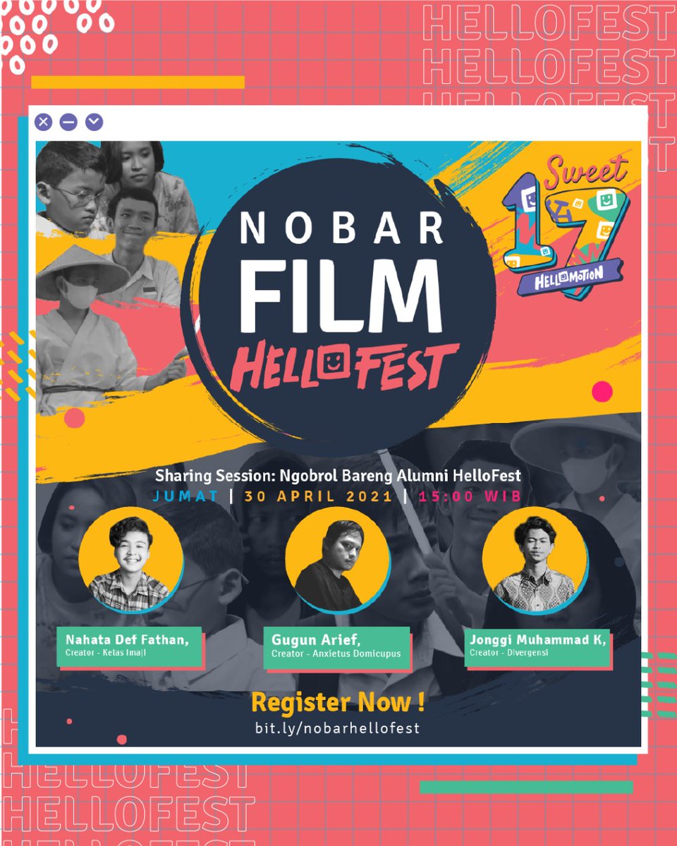 Dalam rangka #17tahunHelloMotion yuk kita kumpul untuk Nobar Film HelloFest dan juga sharing bersama para alumni HelloFest 14.

Kegiatan akan berlangsung Jumat 30 April 2021 mulai pukul 15.00 WIB.

Acara ini gratis, daftarkan dirimu di bit.ly/nobarhellofest

Sampai jumpa ya!
