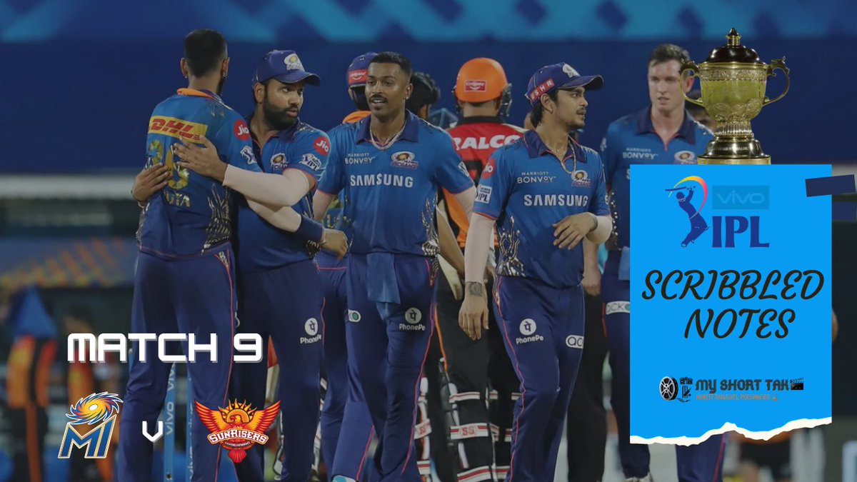 MyShortTake's tweet image. EP9: @mipaltan  v @SunRisers

I tell you again, this SRH middle order is cotton candy stuff, brittle and can be easily distengerated.

Read the notes @ bit.ly/3n4CthG

#IPL2021 #IPL #ScribbledNotes #IPLMatches #Summary