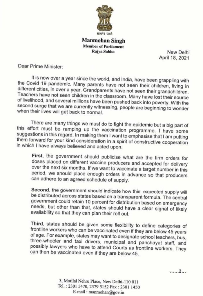 TheLeaflet_in's tweet photo. Former PM Dr. Manmohan Singh writes to PM Modi suggesting 5 points to tackle the COVID-19 situation. Adds, the key to our fight against COVID-19 must be ramping up #vaccination efforts.

#COVID19 https://t.co/NV0hPfsK3g