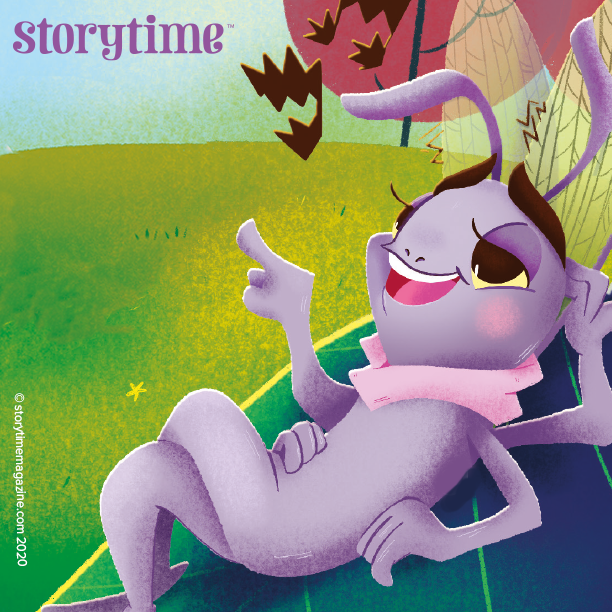 StorytimeMag's tweet photo. The grasshopper thinks he is a musical genius when he sings but what does the wise owl think? Find out in Aesop's fable, The Owl and the Grasshopper in this month's issue. @Elenapugger captures the vain grasshopper perfectly! #fables #storytime #stories https://t.co/gwcNr57itz