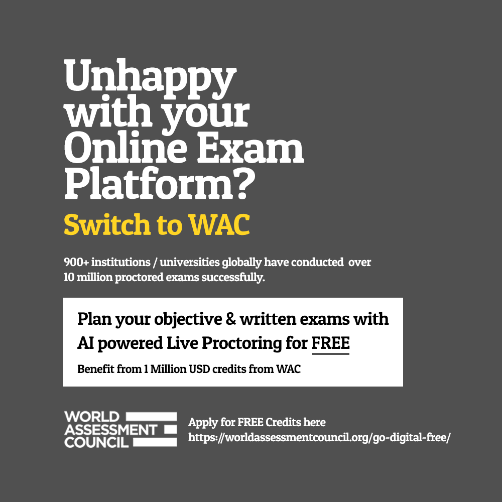 wacsocial's tweet photo. WAC announces 1 Million USD Credits for Universities.

Unhappy with your current Online Exam Platform? WAC is looking to empower 50 new institutions globally on their digital journey to conduct online proctored exams 

Apply for the FREE credits here
https://t.co/DB2QCultyW https://t.co/Yj97lAmxWK