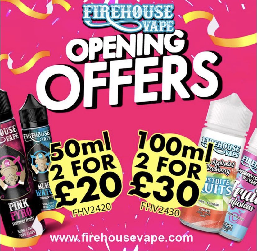Firehouse Vape bringing you some juicy offers! 2 For £20 on our 50ml Shortfill range use code FHV2420 &amp; 2 For £30 on our 100ml use code FHV2430 This offer won’t last long so grab them while you can!