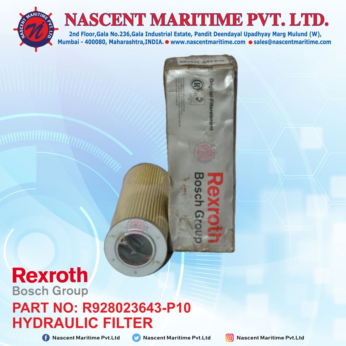 nascentmaritime's tweet photo. HYDRAULIC FILTER
PART NO:-R928023643-P10

WEBSITE:- https://t.co/0aKtPY7AhU
For any inquiry do connect to us at sales@nascentmaritime.com

#nascentmaritime #nascent #maritime #nascentmaritimepvtltd #nmpl #shipping #filters #detectors #AVR #kongsberg #MRU #India #Indianports https://t.co/wfz19KiVH9