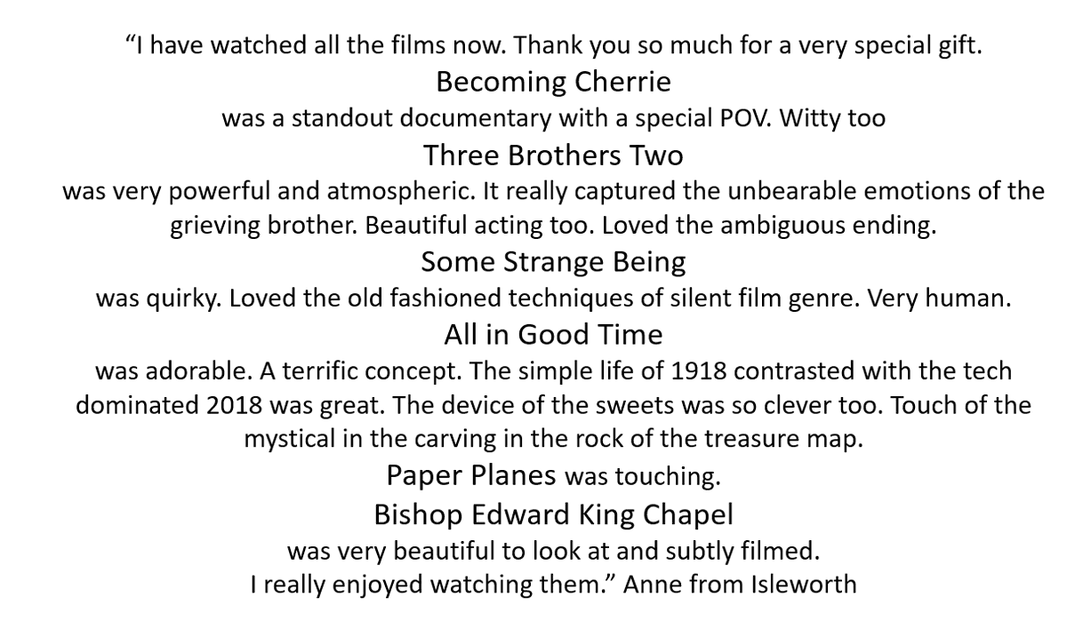 irishfilmtvuk's tweet photo. Give the gift of film! Here is lovely feedback from a happy recipient of an IFL April Shorts pass. Only £5. Available to 3rd May. Support #irishfilm and @irishfilmlondon #notforprofit  #shortfilm https://t.co/LOiwsonEJV @ALifeViaALens @architects_film @sam_ferrie https://t.co/bfZXUsEhxA