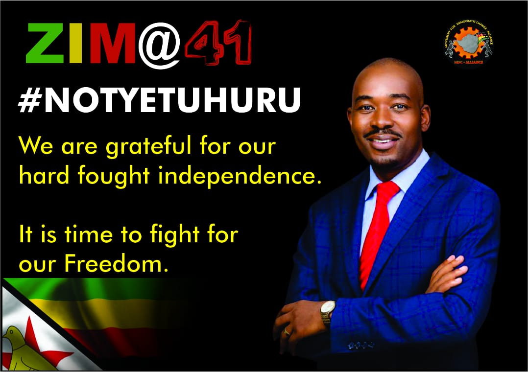 CCCZimbabwe's tweet image. The MDC Alliance joins the nation in commemorating Independence Day - a day that we cherish &amp;amp; respect.

Yet we acknowledge that Zimbabwe is #NotYetUhuru. We want a nation that works for the many, not the few.

It is time for the citizens to converge &amp;amp; fight for our freedom.🇿🇼