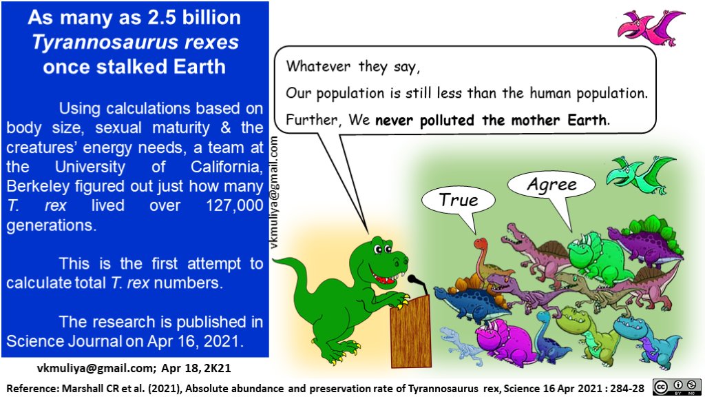 vkmuliya's tweet photo. #Scientoon based on research about the population of Tyrannosaurus rexes. Research is published in @ScienceMagazine. Researchers are from @berkeleyIB, @ucmpberkeley @SDNHM 
@KMagoulick, @danielvlatorre, @TannerPaleo @AshPoust @KMagoulick #scicomm #Sciart https://t.co/UeYatoeXUt