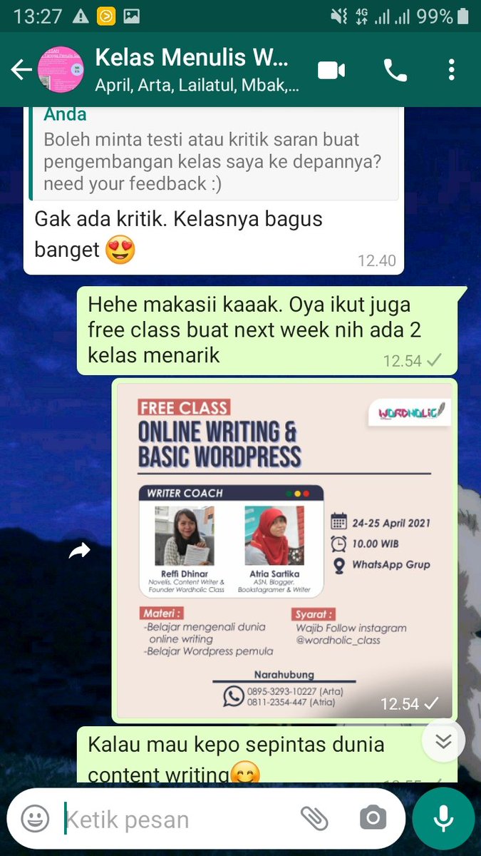 Reffi_angel's tweet photo. How happy and proud my heart when I accept a warm message from my writing class participant. Rasanya kerja keras nyiapin materi dan tools kebayar tuntas🤩🤩 #WordholicClass #WritingClass https://t.co/yKA441DZ7t