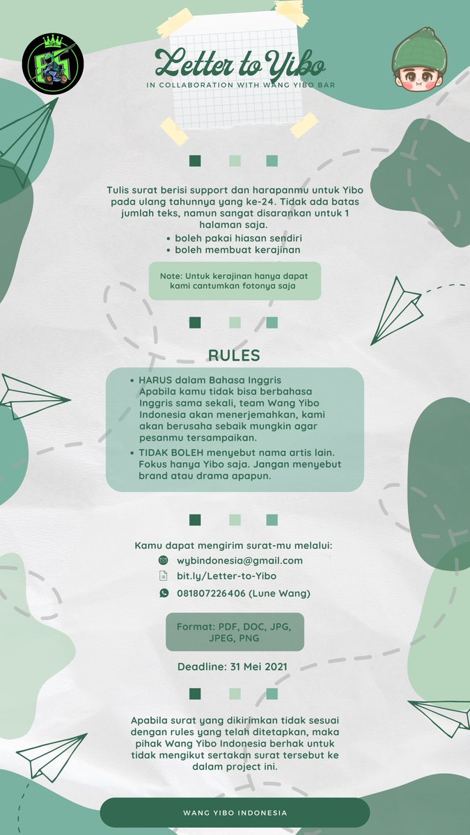 wangyibo_id's tweet photo. Wang Yibo's 24th Birthday Project from Indonesia fans

📩 Letter to Yibo
Mau kirim surat cinta dan dukunganmu ke Yibo?
Kami akan membantumu untuk meneruskan suratmu!

❗Perhatikan rules
🗓️ Batas waktu pengiriman 31 Mei 2021
Form submission 🔗 https://t.co/ascaVP4U75 https://t.co/jLEmnDafnb