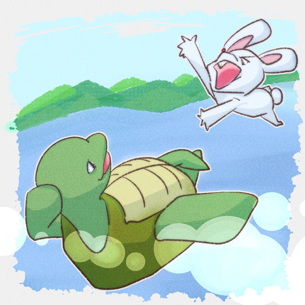 フカダケ うさぎとかめ 水中戦 イラスト 絵 童話 フカダケ うさぎとかめ 水中戦 イラスト 絵 童話