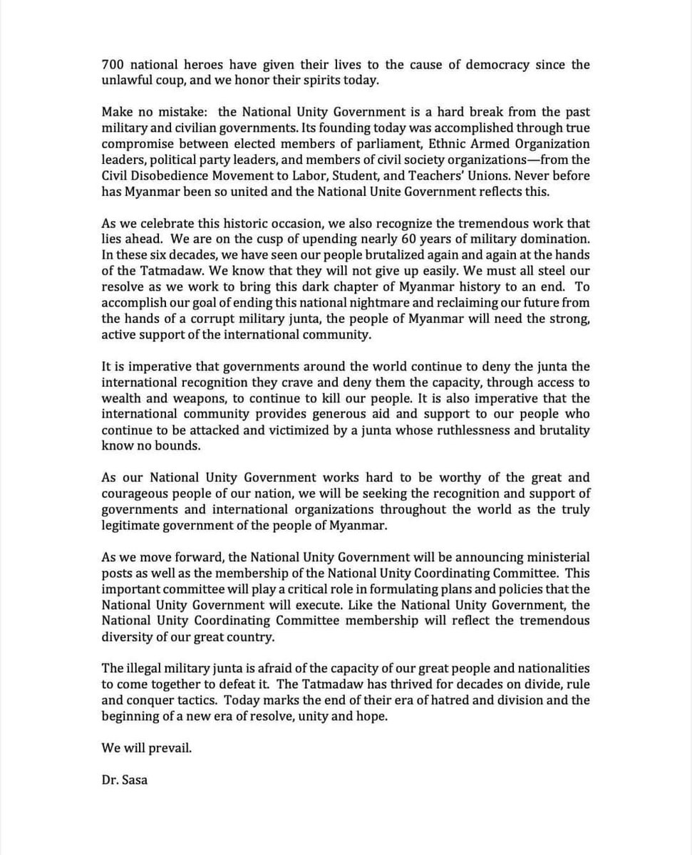 TechnicalShabb3's tweet photo. Thank you very much for the new heartwarming announcement of National Unity Government of Myanmar. We #Rohingya h been waiting curiously for this statement since #NUG was announced.Thanks again to clear our doubt.
#Ro fully support #NUG
#April18Coup
#WhatsHapppeningInMyanmar https://t.co/2omaNTwu8D