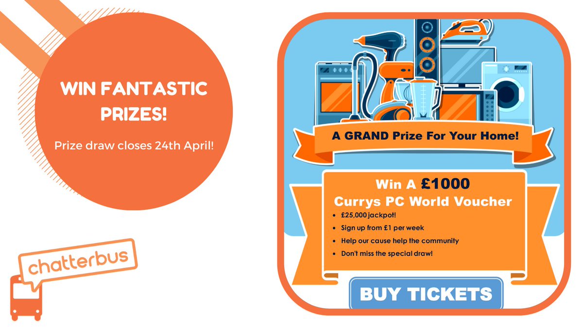Support #Chatterbus when you play the <a href="/ElmbridgeLotto/">Elmbridge Community Lottery</a> 😊

We receive 50% of every ticked bought via this link bit.ly/32h9f5G which we are extremely grateful for! For a chance to win a £1000 @curryspcworld voucher sign up today &amp; nominate <a href="/Chatterbus/">Chatterbus</a> as your good caus
