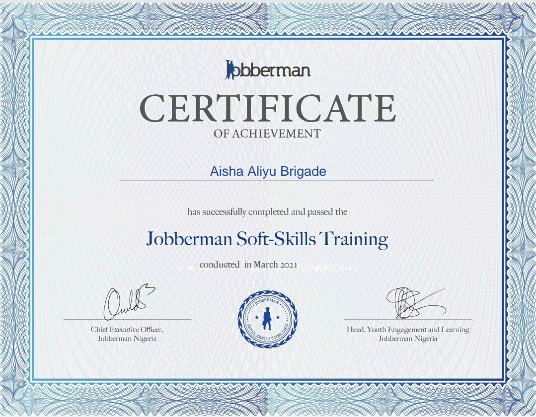 AishaBrigade's tweet image. Alhamdulillah! Am qualified for the certificate of achievement from @Jobbermandotcom🤗After taking the baseline test and the endline test🤗Thank you @Jobbermandotcom  #Jobbermansoftskillstraining