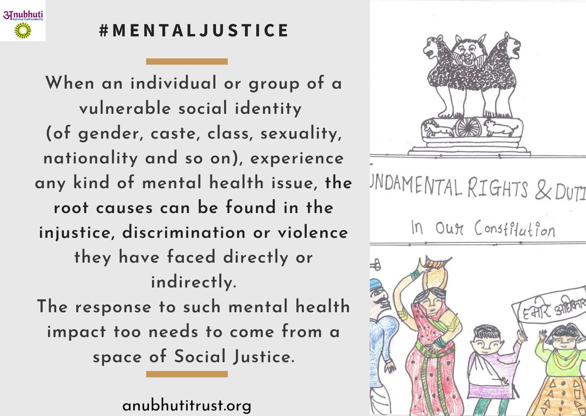 AnubhutiTrust's tweet photo. When we speak of #MentalHealth, we are limited to treatment response of an individual. But when we speak of communities, we need to realize that constant social, political, economic and other violations impact their collective mental health, needing a #MentalJustice response https://t.co/IoLsJjZcbb