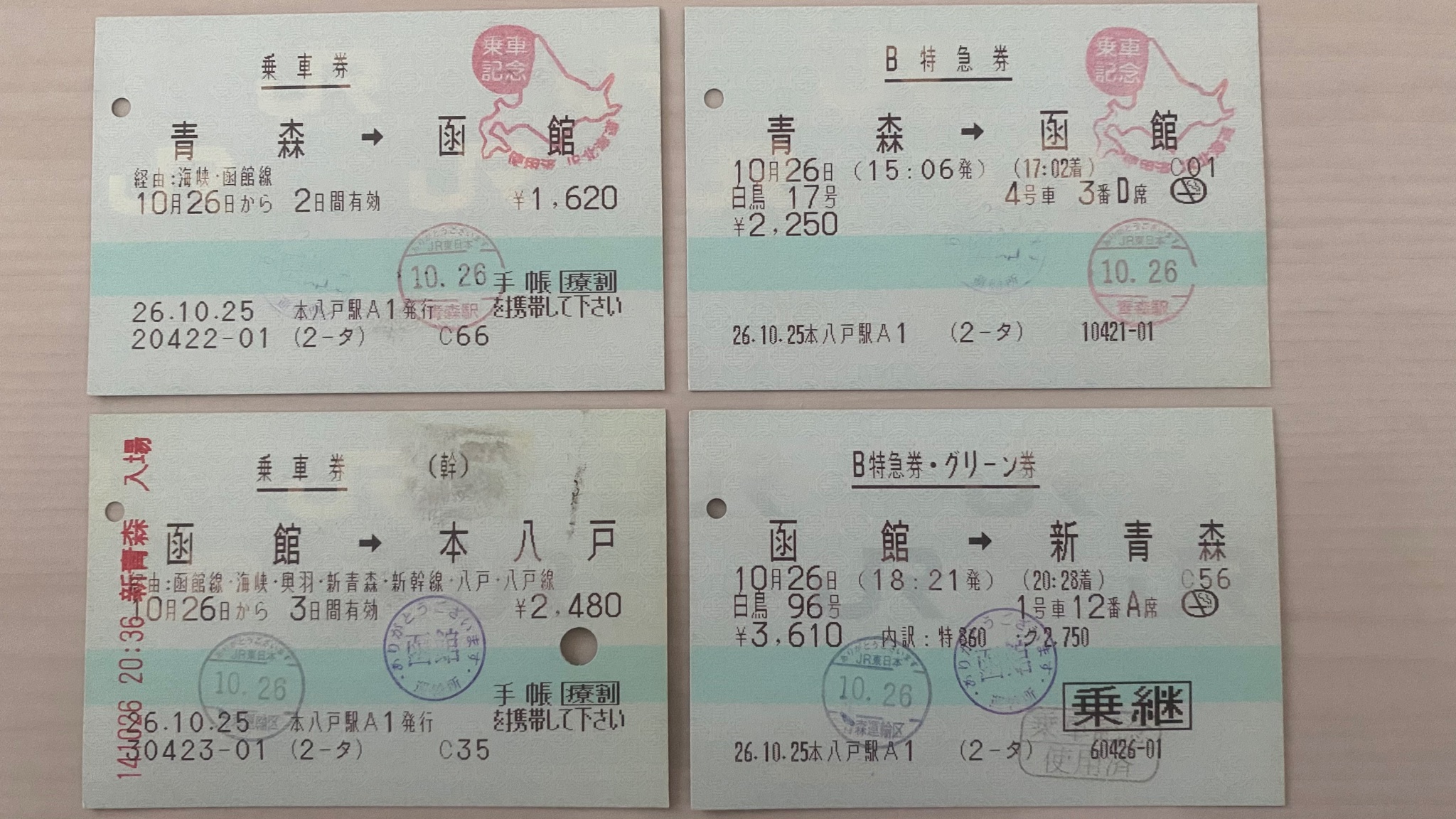 東山 僚啓 津軽海峡線 新青森 青森 函館 の時の切符です 青森 函館までの乗車券 B指定席特急券 特急白鳥17号 函館 本八戸までの乗車券 函館 新青森までのbグリーン指定席特急券 特急白鳥96号 14年10月26日 日 に青森 函館までを往復