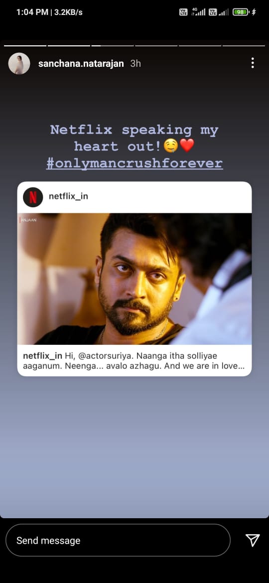 #NOTA and Upcoming movies Saarpatta & Jagame Thandhiram fame @sanchana_n 's Insta story🤩
Another Celebrity fan of @Suriya_offl 😍 
@NetflixIndia
#suriya40 #VaadiVaasal
#Anjaan