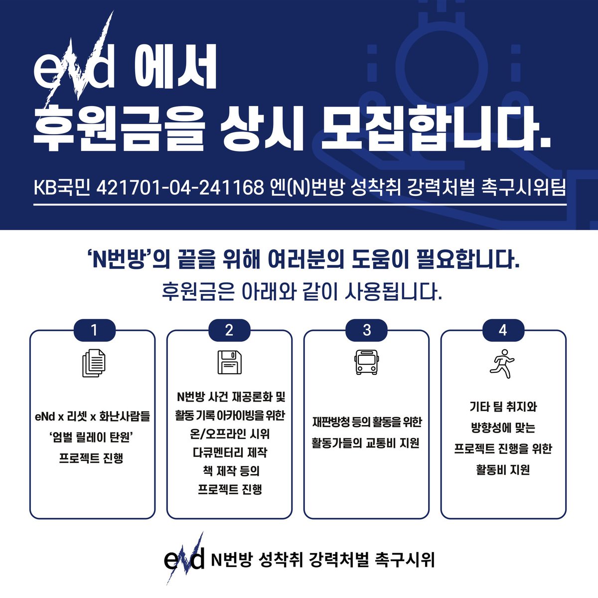 eNd팀에서 후원금을 상시 모집합니다.

현재 전국 단위의 재판 방청/탄원서 제출 및 다큐멘터리 제작 등으로 잔여 예산이 모자라, 팀 내 활동가들의 사비를 지출하여 활동을 이어가는 상황이 발생하고 있습니다. 현업과 병행 중인 활동가들을 위해 작은 연대 부탁드립니다.
