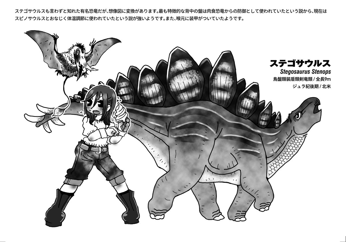 Flyingmonster 恐竜の日 ここ数年フリーペーパーに連載していた恐竜イラストコラムです 1枚目のスピノサウルスは16年に描いたもので 尻尾の形状が最新ではない事をご了承ください 2 4