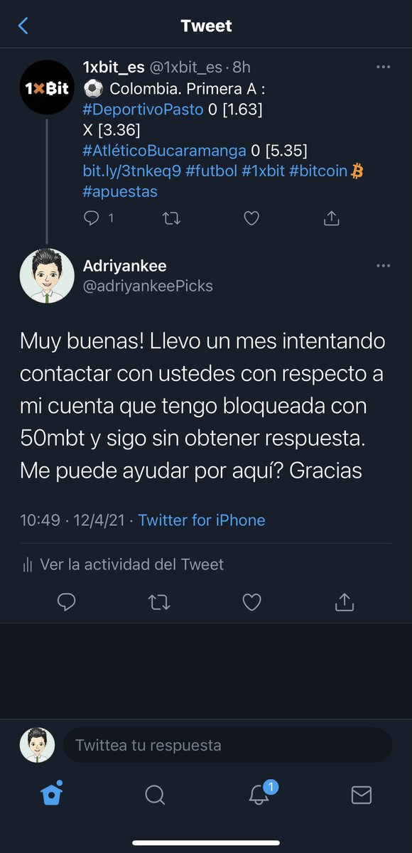 adriyankeePicks's tweet photo. @1xbit_es Buenas! Pueden contestarme con respecto a este tweet que envié? Gracias! https://t.co/CaYAfVwWQP