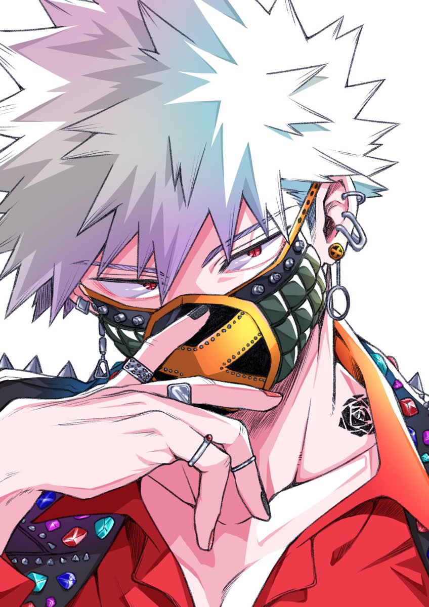 bakugou katsuki male focus spiked hair 1boy red eyes jewelry solo ring  illustration images