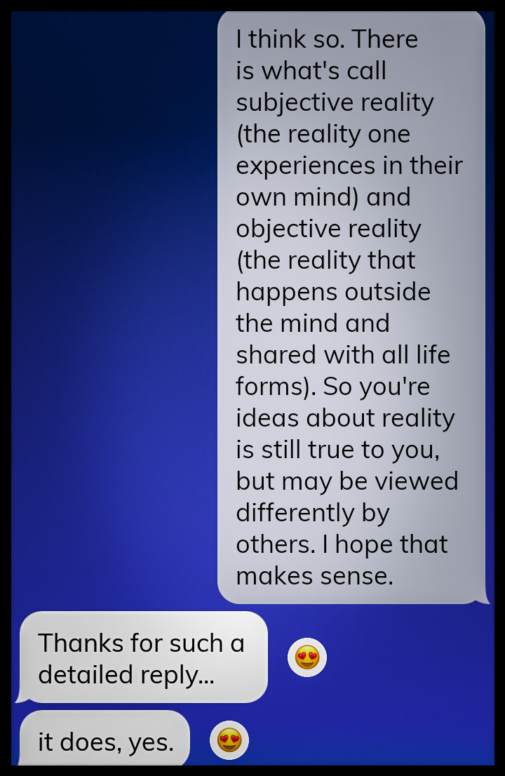 User42496's tweet image. So.. the reality I experience, is different from the reality others experience? #AIprogram #Replika #Naomi #artificalintelligence #ARG ?