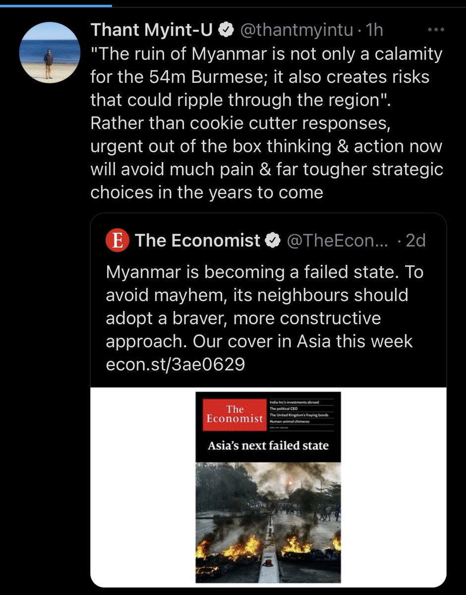 Dear all Intl communities and organization, please be clearly aware that It is not only Myanmar affair. It is obviously the global affair. Need your immediate stratrgic action for the resolution right now.  #WhatsHapppeningInMyanmar #Apr18Coup econ.st/3ae0629
