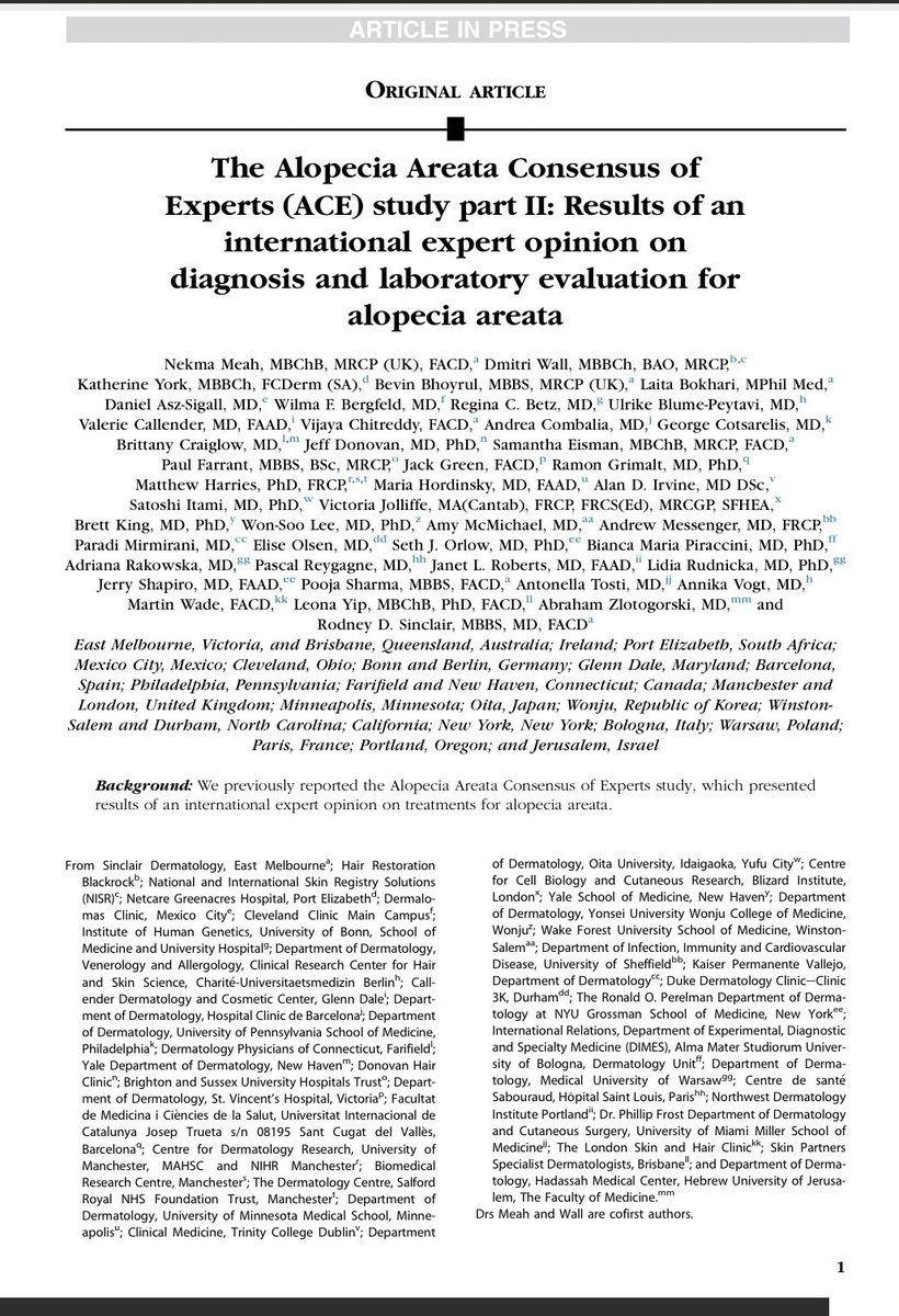 Our <a href="/NekiMeah/">Nekma Meah</a> <a href="/DmitriWall/">Dmitri Wall</a> <a href="/SinclairDerm/">Sinclair Dermatology</a> global Expert Opinion on Diagnosis &amp; Lab Evaluation of #AlopeciaAreata is free x 50 days! Thanks <a href="/JAADjournals/">JAAD Journals</a>

Bridging theory 2 clinical practice it  considers frequent questions of AA patients &amp; Derms!
authors.elsevier.com/c/1cwf9hQtRJjpz pls share!