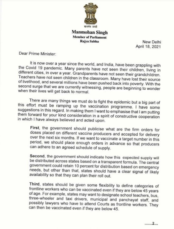 Ex-PM Manmohan Singh writes to Prime Minister Modi, suggests measures to tackle #COVID19 surge across India