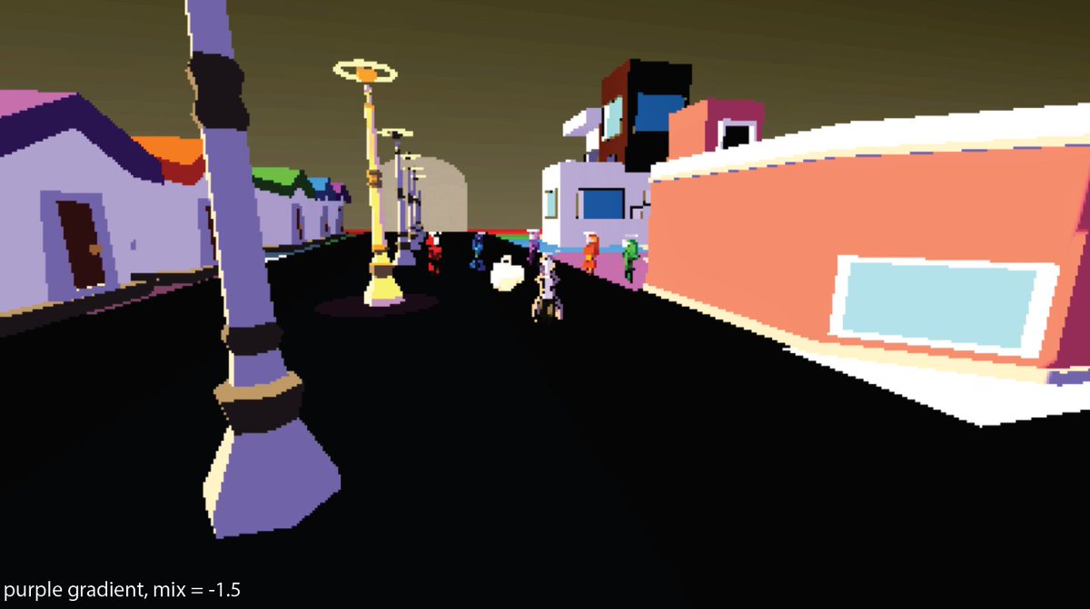 kennyparkpark's tweet photo. Played with some different gradient mixes to make our colors more cohesive - we've decided on the top right atm. Shading has also been turned completely off to achieve max visual pixel chunk. #PurdueGameDev https://t.co/OYzmmLgHHa