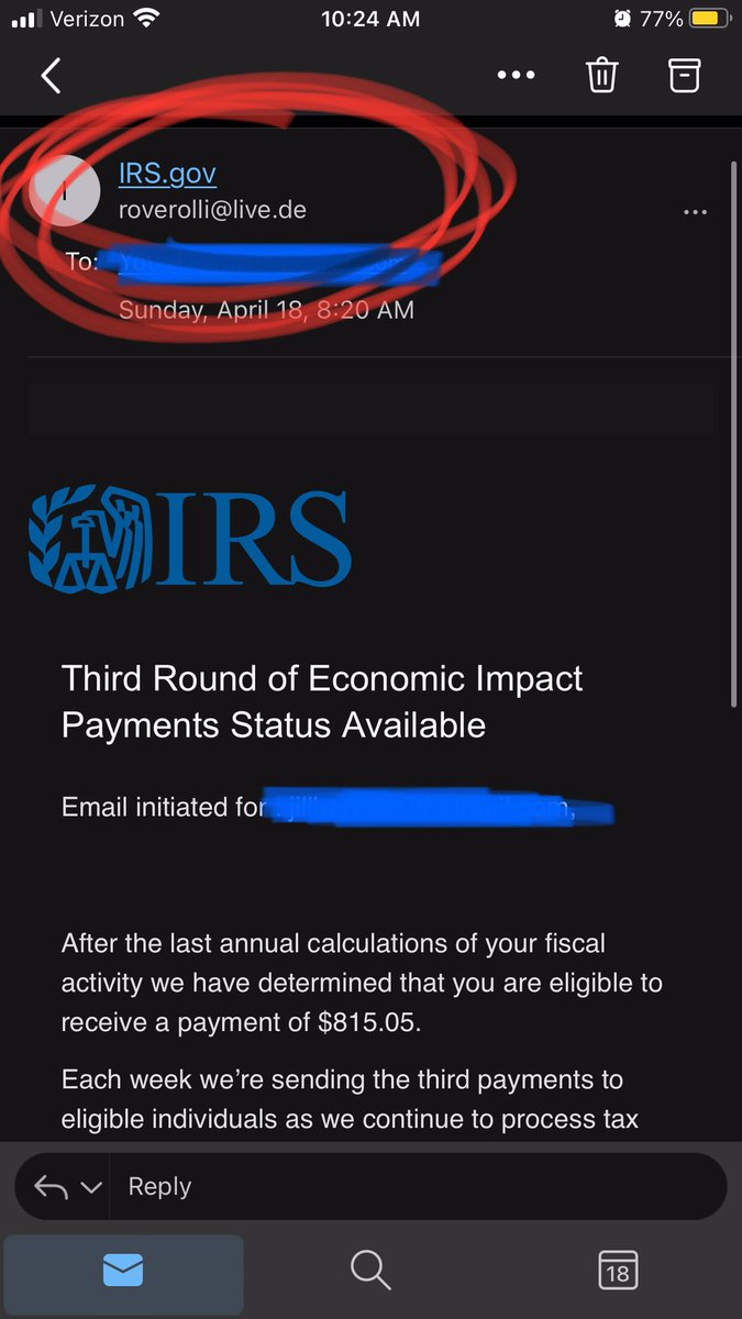 SporadicJills's tweet photo. Yo..... this is a phishing email. Make sure you check the sender email. #irs #stimuluscheck #phishing #checkyaself #beforeyawreckyaself https://t.co/GAGRH0pShz