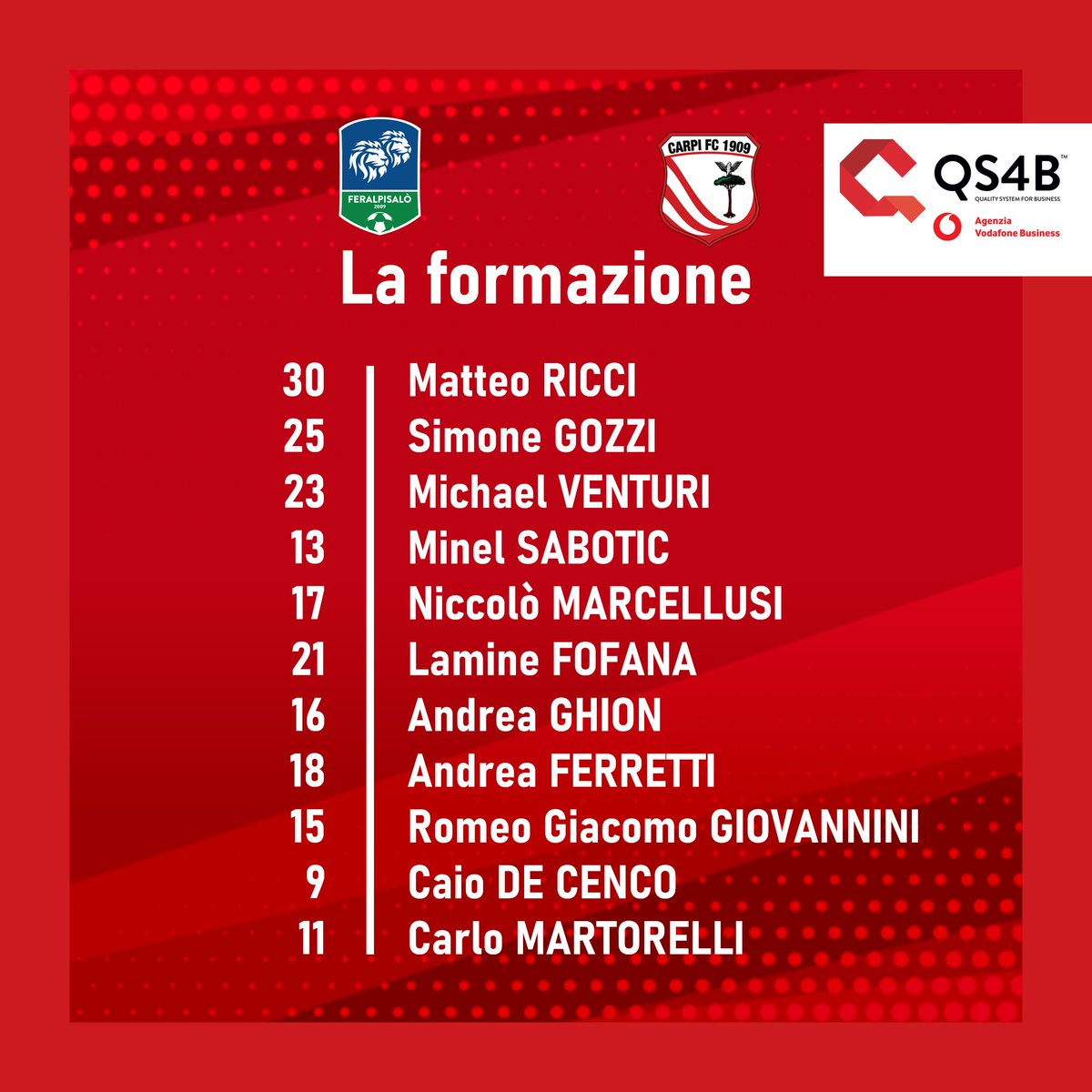 ac_carpi's tweet image. 📋 FERALPISALÒ-CARPI, LA FORMAZIONE SCELTA DA MISTER POCHESCI

Formazioni iniziali e live match 👉carpifc.com/.../feralpisal…

⚪️🔴
#ForzaCarpi #CarpiFc1909 #FieriDeiNostriColori #Gameday #Modena90 #ElevenSport #FERCAP #vodafonebusiness #telefonia #digitalizzazione #partnership 🇲🇨