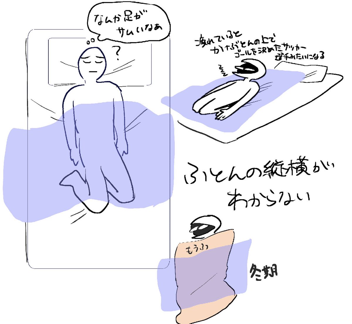 めちゃくちゃどうでもいい話なんですが、掛け布団をまっすぐかけることが苦手でいつも敷き直しても縦横間違っている。
結果自分を布団の横幅に合わせて寝ています。 