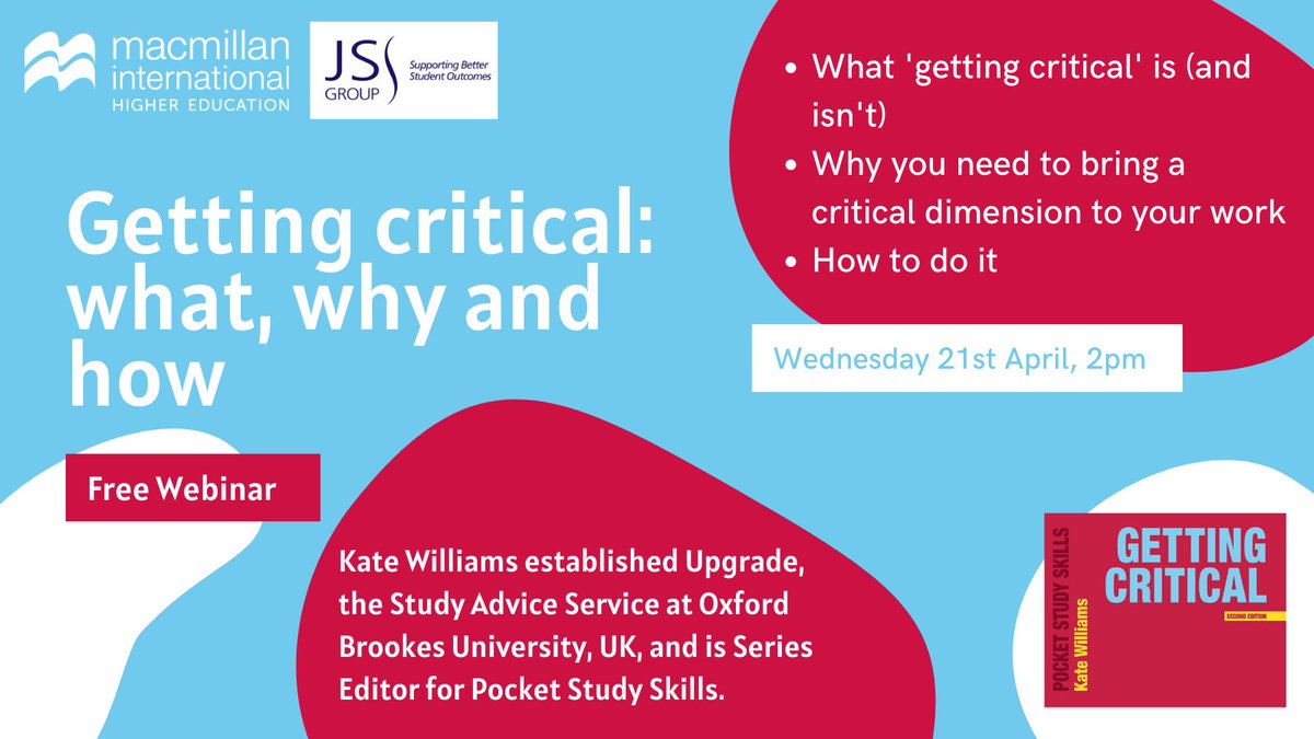 Join @macstudyskills and <a href="/JSGroupHE/">JS Group</a> on Weds 21st April (2pm-3pm BST) for a free webinar with Kate Williams and discover what getting critical is (and isn’t), why you need to bring a critical dimension to your work, and how to do it. Sign up now ow.ly/NZS550Epnnd