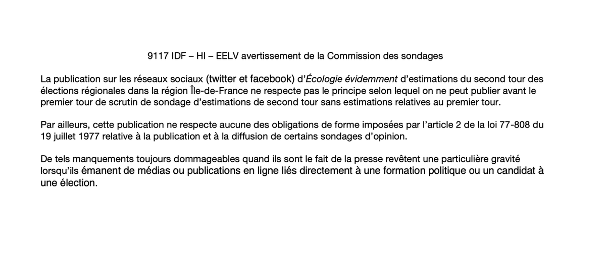 avecVP's tweet image. Après avoir diffusé un sondage totalement invraisemblable sur les élections régionales en Ile-de-France, le candidat EELV @julienbayou a droit à un bel avertissement de la Commission des sondages.

Avant de vouloir gérer une Région, ça serait bien de savoir gérer sa campagne...