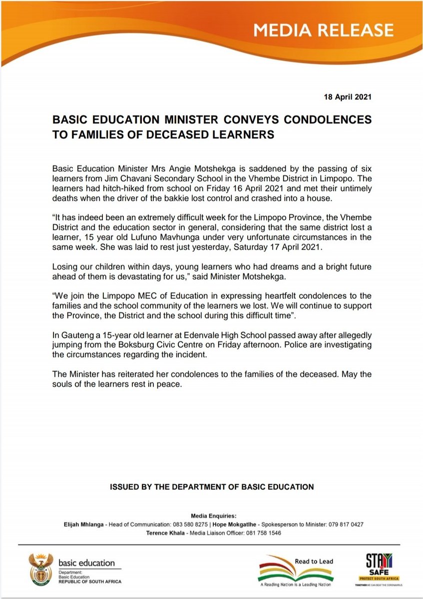 Minister Angie Motshekga sends her condolences to families of learners who've lost their lives
<a href="/ElijahMhlanga/">Elijah Mhlanga</a> <a href="/ReginahMhaule/">Dr Reginah Mhaule</a> <a href="/HubertMweli/">Hubert Mathanzima Mweli</a>