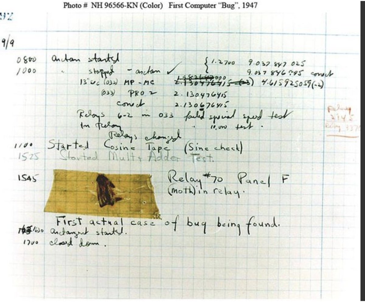 AlesFlidr's tweet photo. Just found out that this is not common knowledge in CS: the term "bug" comes from the Lady beetleliteral insectsLady beetle messing up hardware. Here's a 1947 log of the Mark II computer. https://t.co/4FWrH57xHU