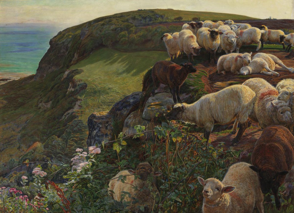 A painting of sheep on a sunny hilltop