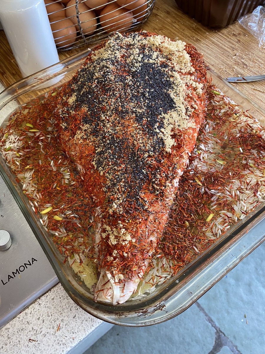 ThingsICooked's tweet photo. Leg of lamb on rice with safflower &amp; pistachio. Coating is safflower, poppy seed, &amp; a spoonful of demerara sugar. Now in the oven for 3 or 4 hours https://t.co/LH1TIBIXhA