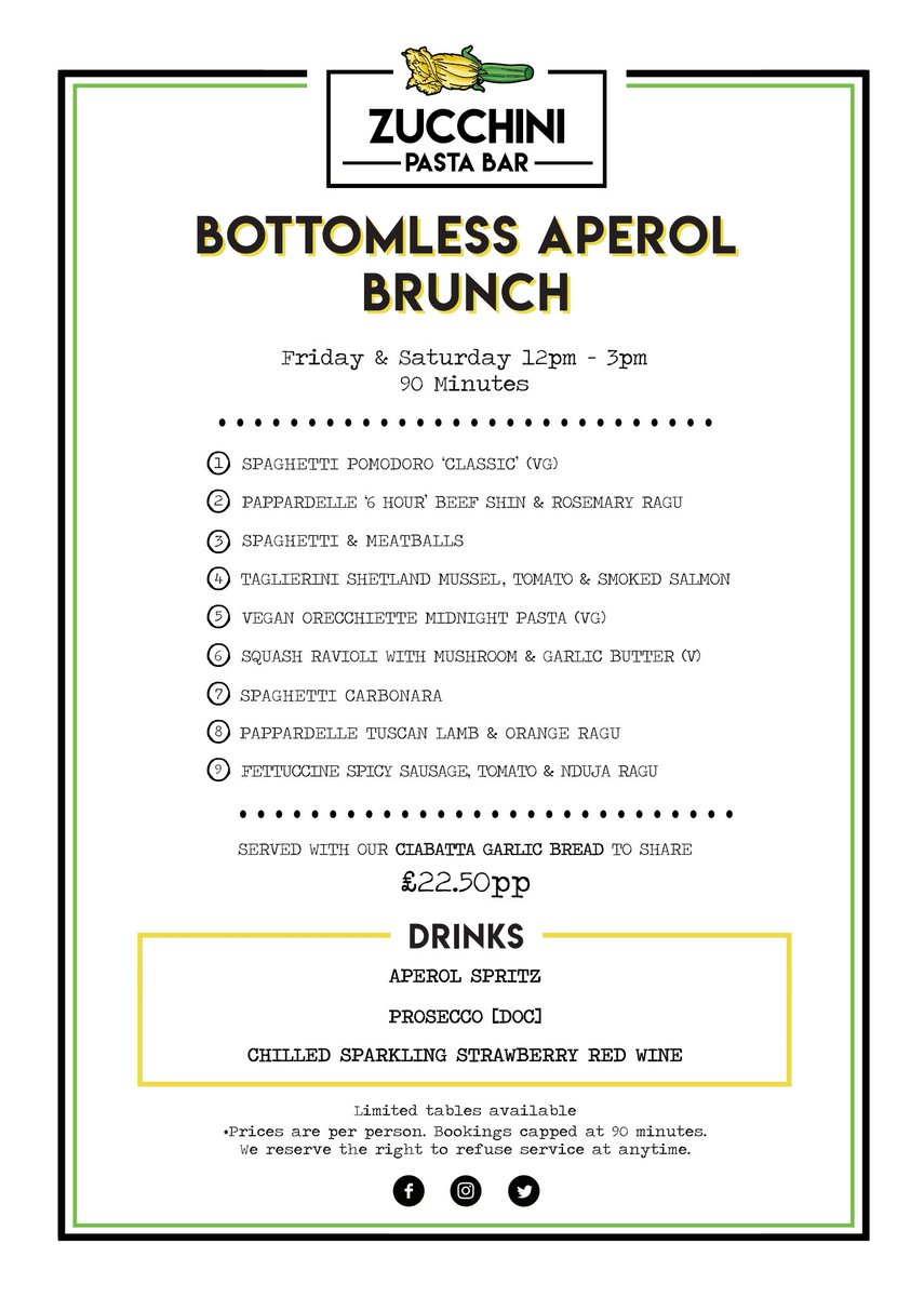 You know the drill. Book for the best Bottomless Brunch in the toon. Every Friday &amp; Saturday. Our first one is on the 21st of May..... 🍝😎💥

(22nd May is fully booked out) 

To book:

zucchinipastabar.co.uk/make-a-booking/

#freshisbest #zucchinipastabar #aperol