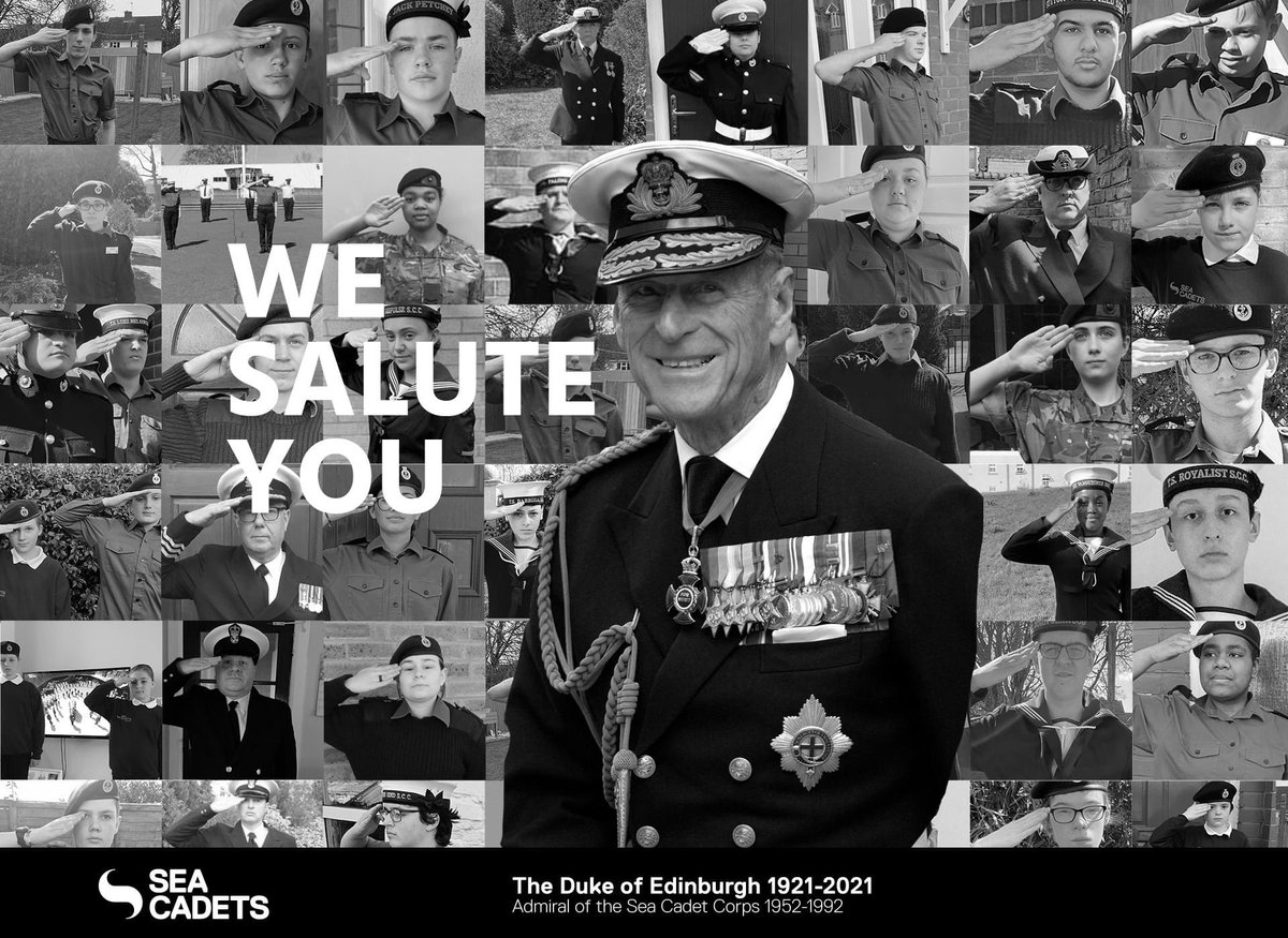 Yesterday cadets and volunteers across the UK marked the one-minute silence in remembrance of HRH Prince Philip, Duke of Edinburgh, with a salute.
 
Together we salute the passing of our former Admiral of the Sea Cadet Corps.