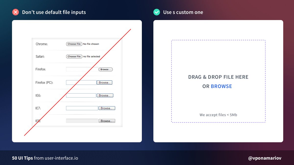  Tip #42 - Don't use default file inputsJust don't They look different everywhere, they have poor UX, they look ugly.Use a custom one with: Proper validation Drag&Drop area Hints, if they are necessary Good looking UI