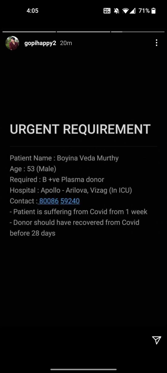 Siri672618's tweet image. Emergency !
Require B + Plasma 
Location : Vizag 
Please help @ManMundra @AnoopKaippalli @rohit_chahal @CharuPragya @PrajwalBusta