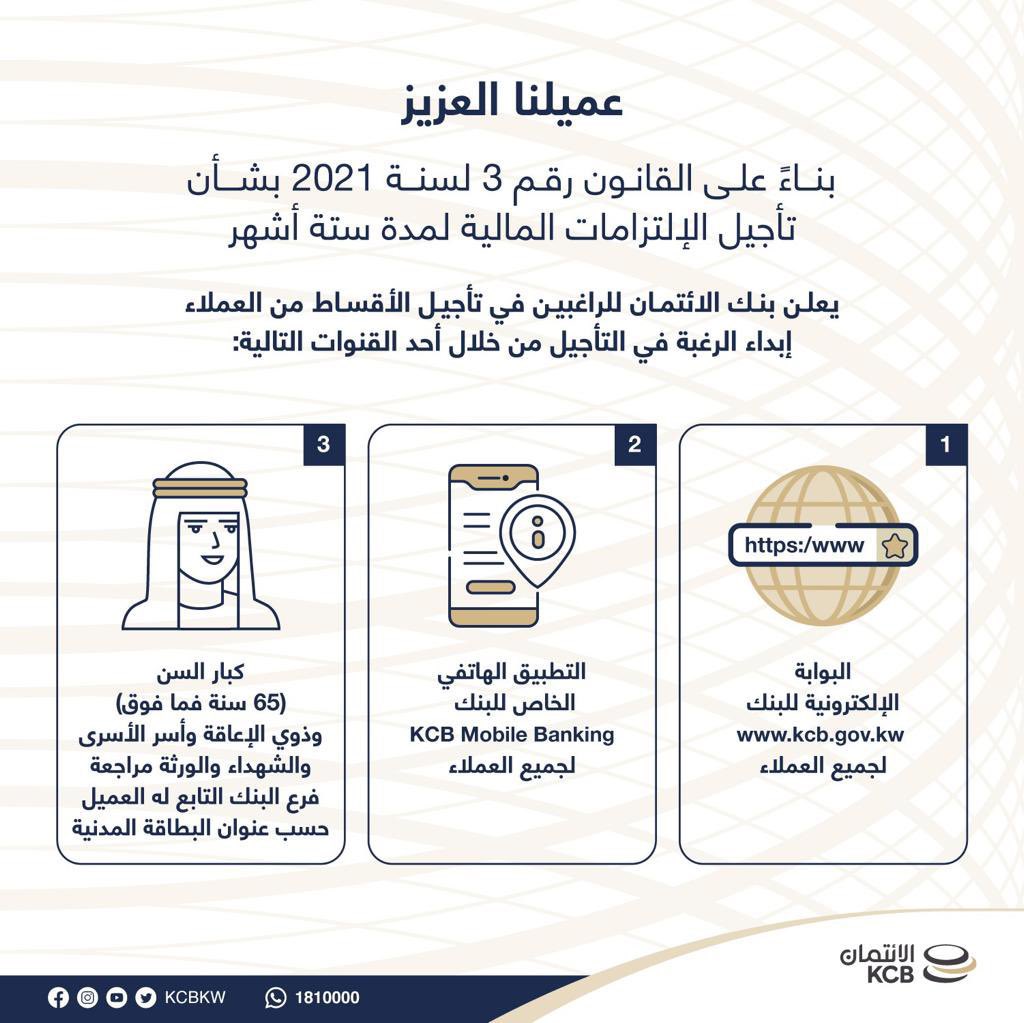 جريدة بوخالد نيوز الكويت يعلن بنك الائتمان الكويتي للراغبين في تأجيل الأقساط من العملاء إبداء الرغبة في التأجيل من خلال القنوات الخاصة بالبنك
